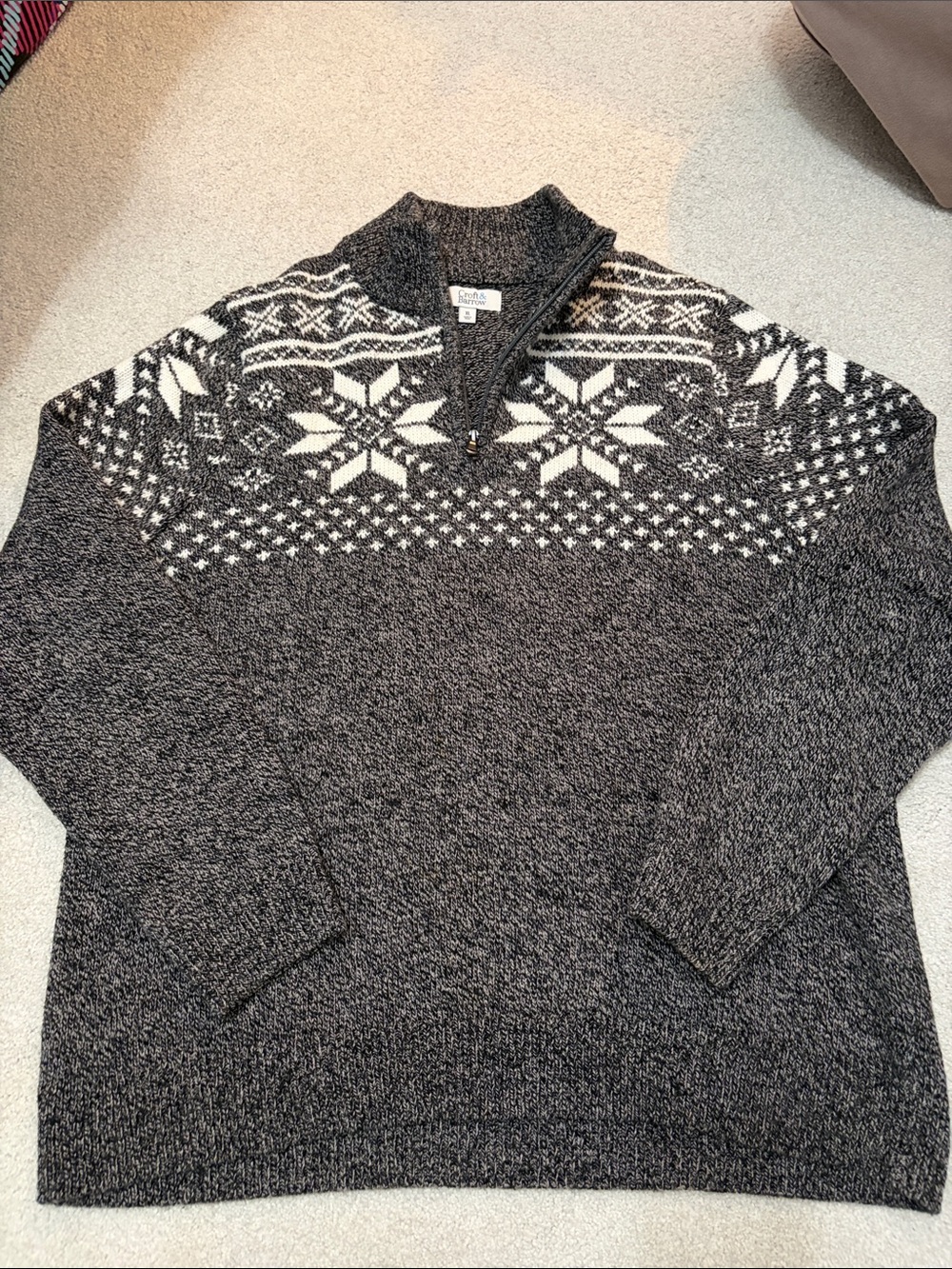 Eddie Bauer Men’s Charcoal and White Fair Isle Quarter-Zip Mock Neck Sweater